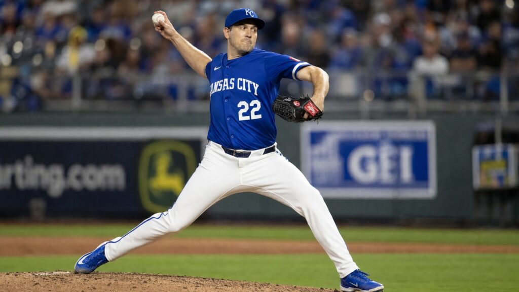 Seth Lugo pitching for the Kansas City Royals at Kauffman Stadium
