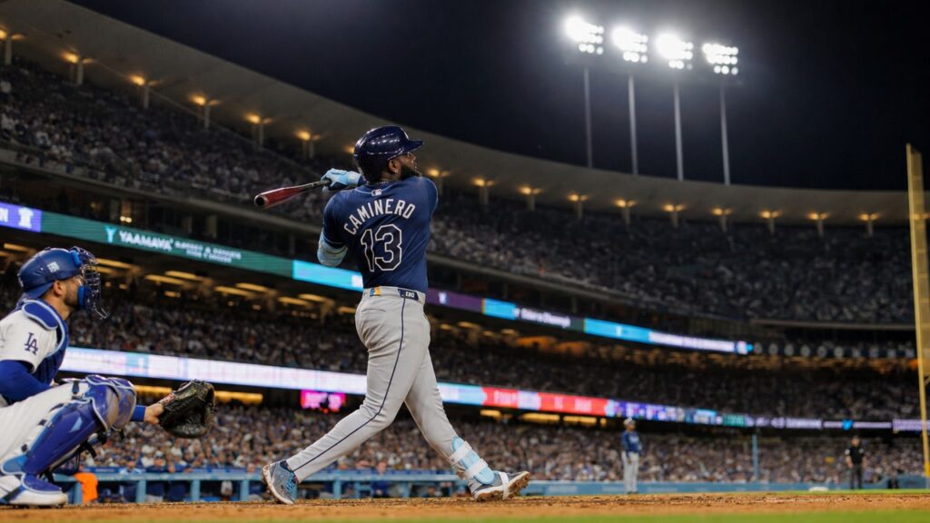 Junior Caminero batting for the Tampa Bay Rays at Dodger Stadium