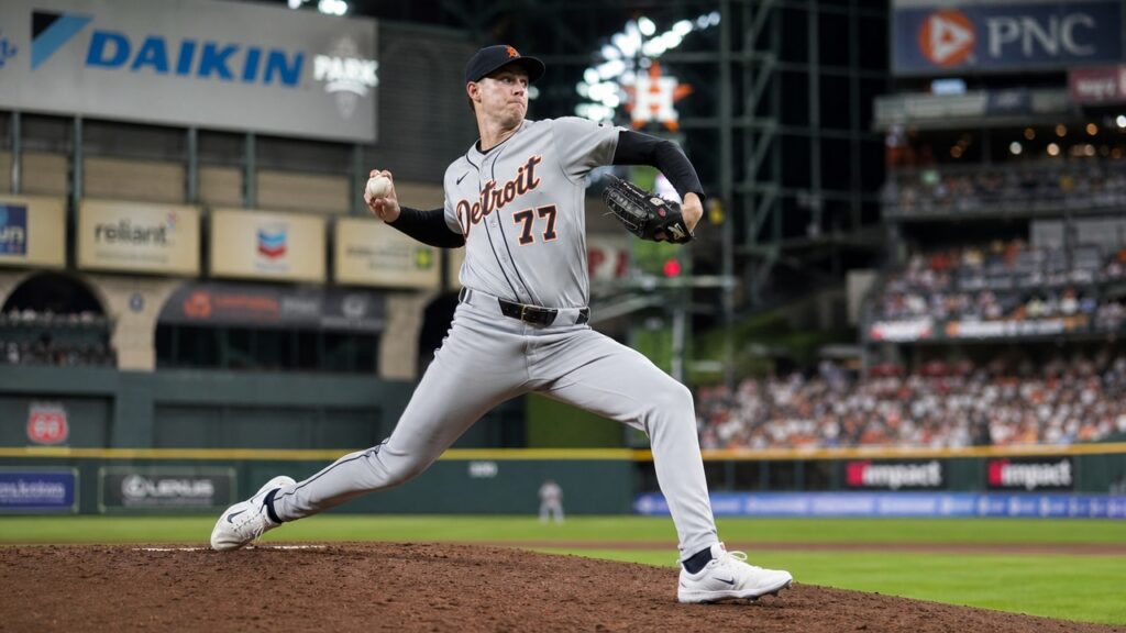 Troy Melton pitching for the Detroit Tigers at Daikin Park Houston