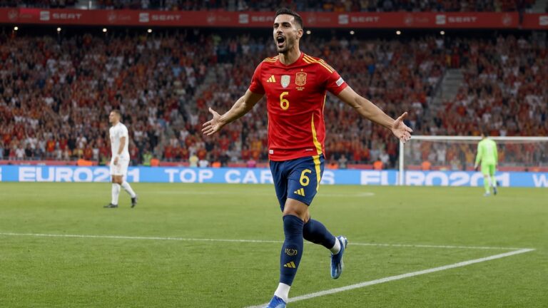 Mikel Merino celebrating for Spain during the FIFA World Cup 2026 knockout stage