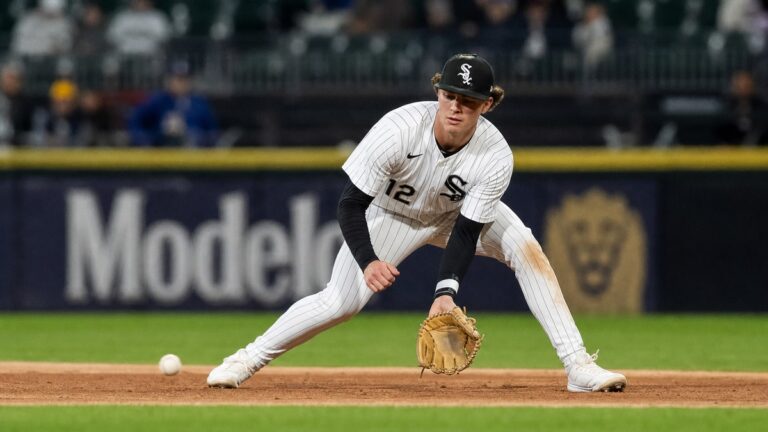 Colson Montgomery fielding a ground ball at shortstop for the Chicago White Sox at Rate Field
