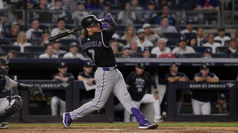 TJ Rumfield batting for the Colorado Rockies against the New York Yankees