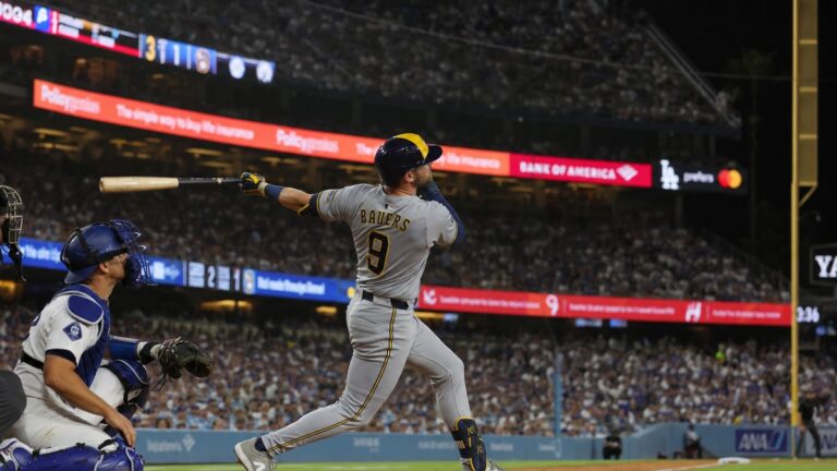 Jake Bauers of the Milwaukee Brewers swinging at Dodger Stadium during the NLCS