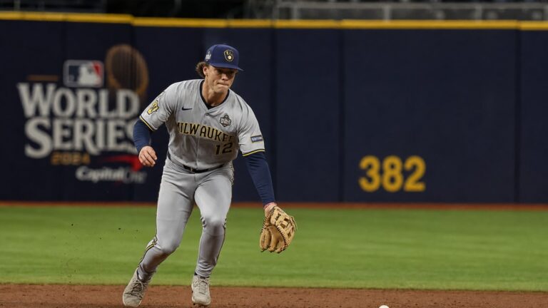 Milwaukee Brewers shortstop Cooper Pratt fielding a ground ball during the World Series
