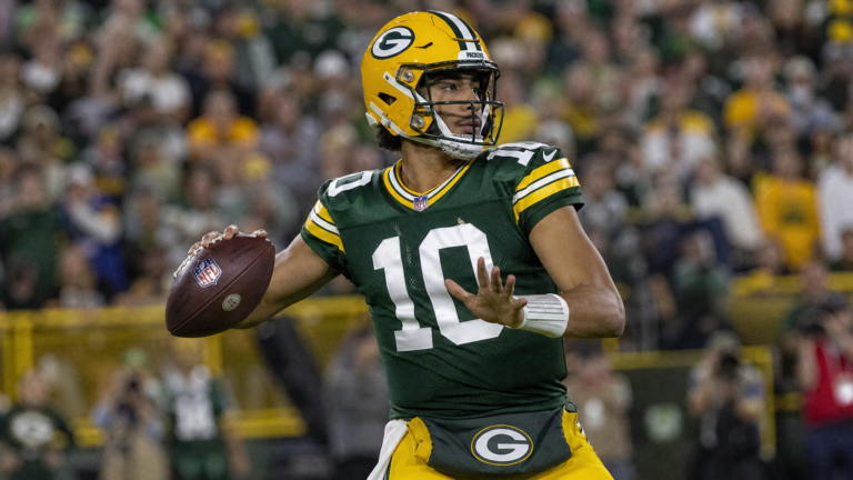 Green Bay Packers quarterback Jordan Love dropping back to pass at Lambeau Field ahead of the Cowboys on Sunday Night Football