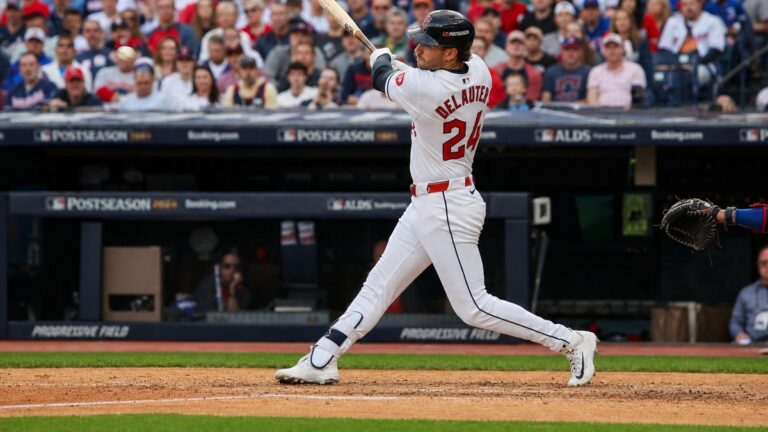 Chase DeLauter of the Cleveland Guardians batting at Progressive Field