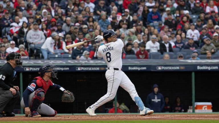 Jonathan Aranda batting for the Tampa Bay Rays in the ALCS at Progressive Field