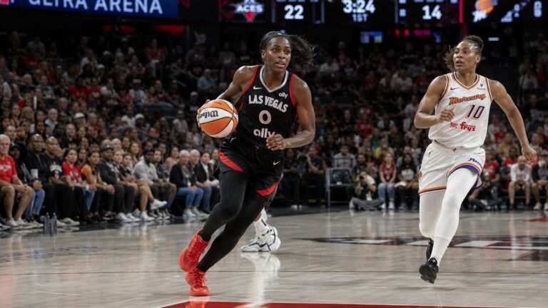 Jackie Young of the Las Vegas Aces drives to the basket during the WNBA semifinals against the Golden State Valkyries